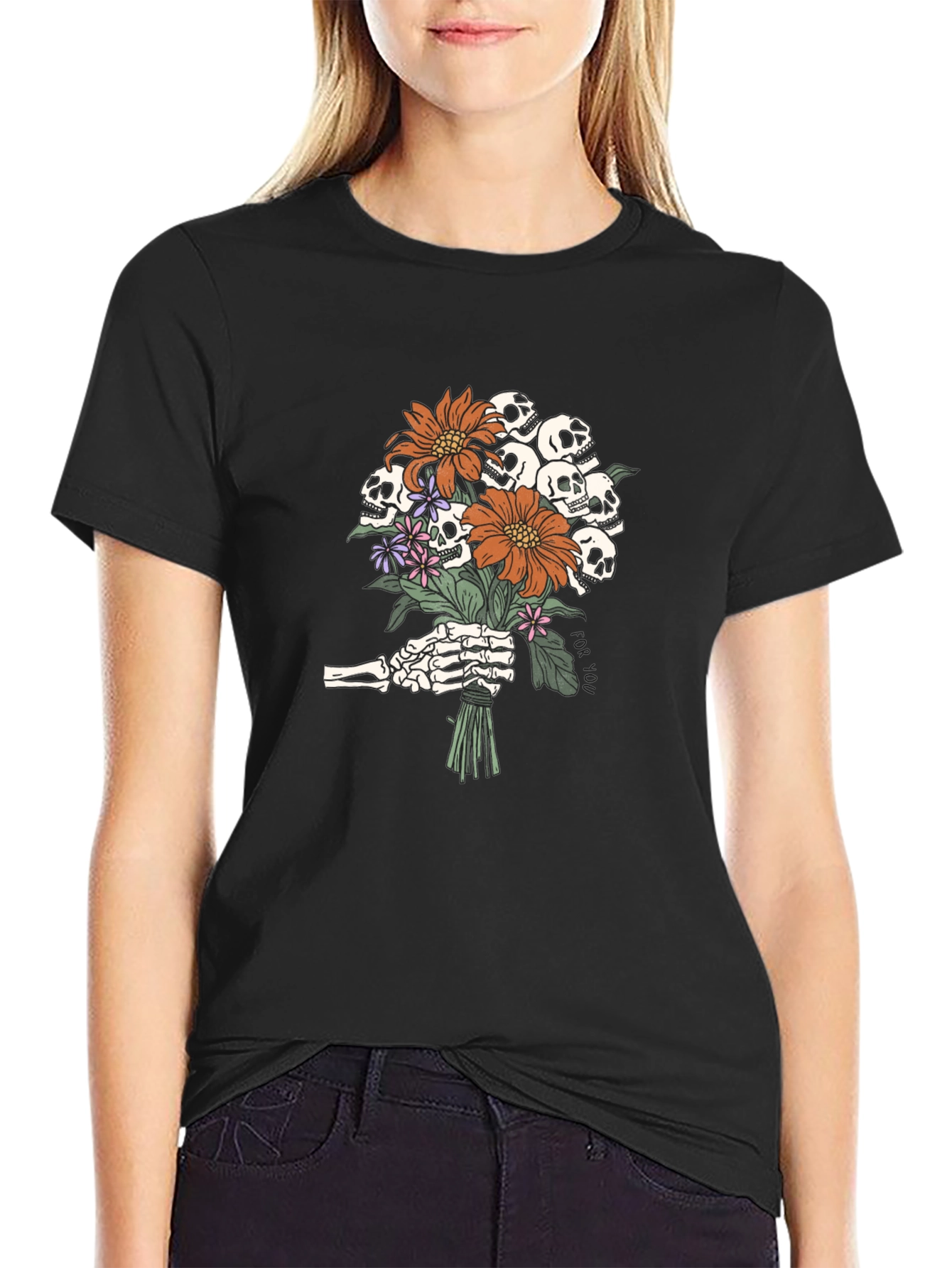 Skull Bouquet Graphic Tee - Black Cotton T-Shirt