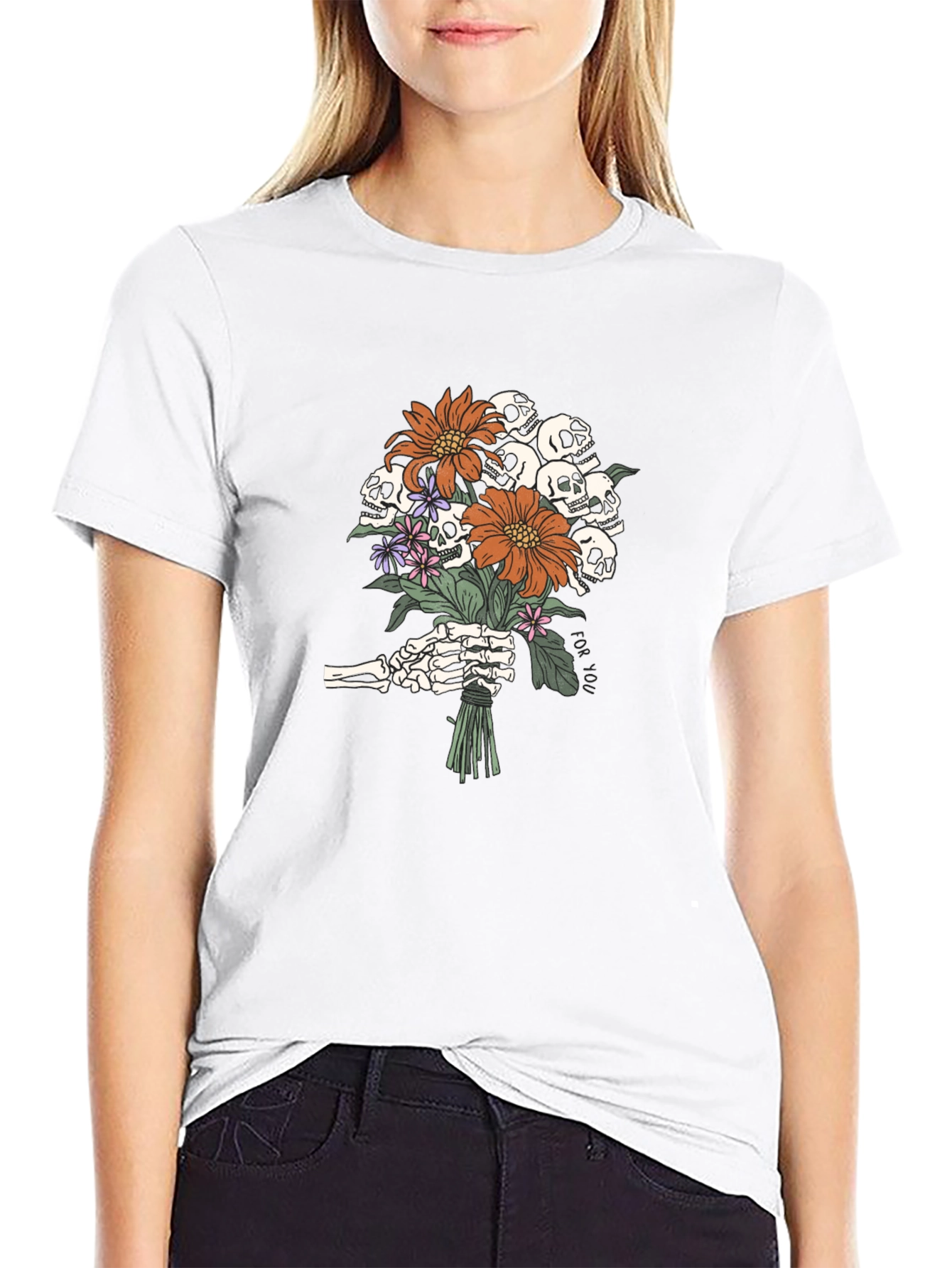 Skull Bouquet Graphic Tee - Black Cotton T-Shirt