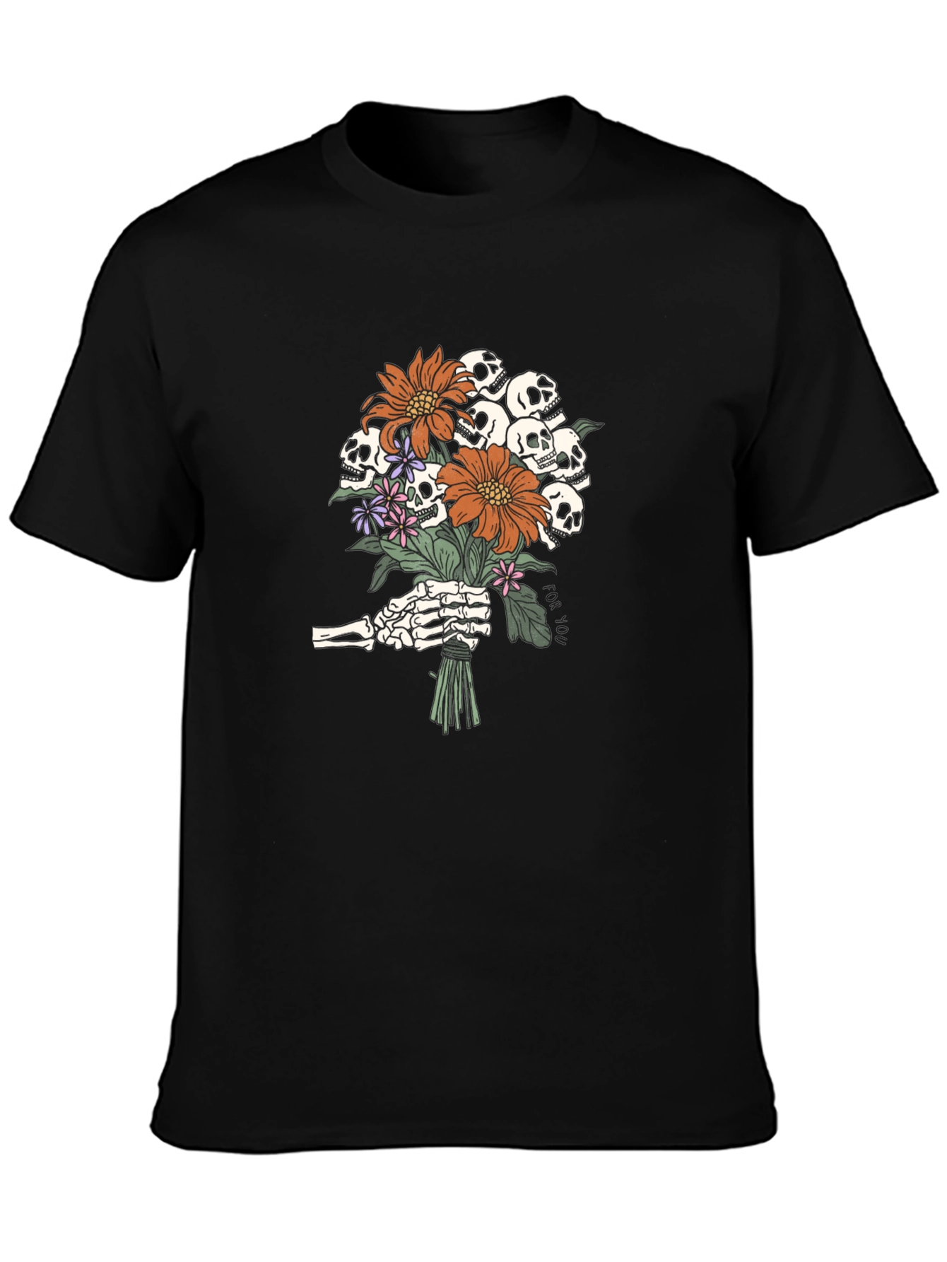 Skull Bouquet Graphic Tee - Black Cotton T-Shirt
