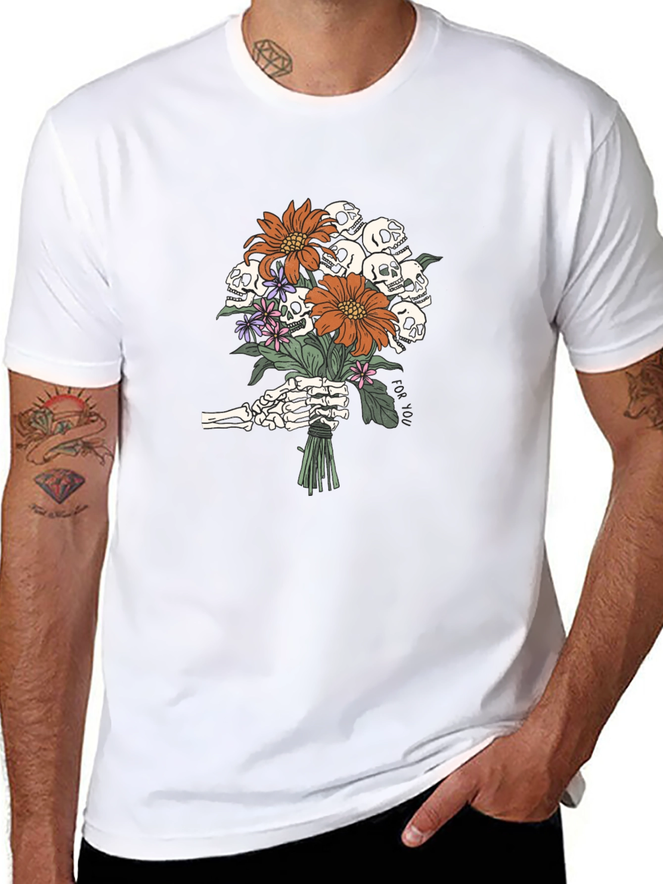 Skull Bouquet Graphic Tee - Black Cotton T-Shirt