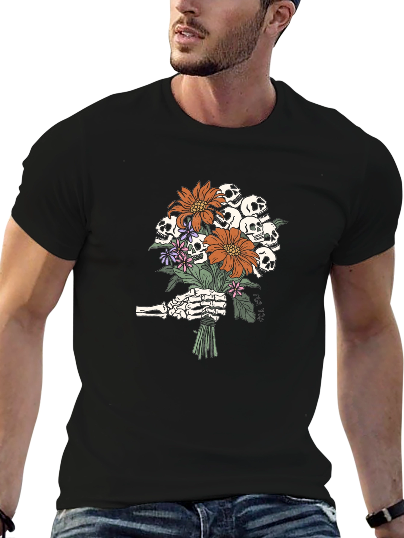 Skull Bouquet Graphic Tee - Black Cotton T-Shirt