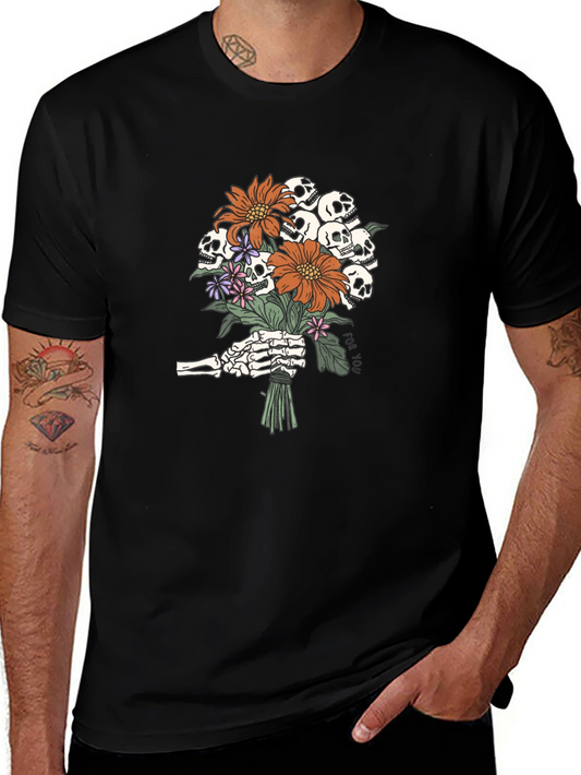 Skull Bouquet Graphic Tee - Black Cotton T-Shirt