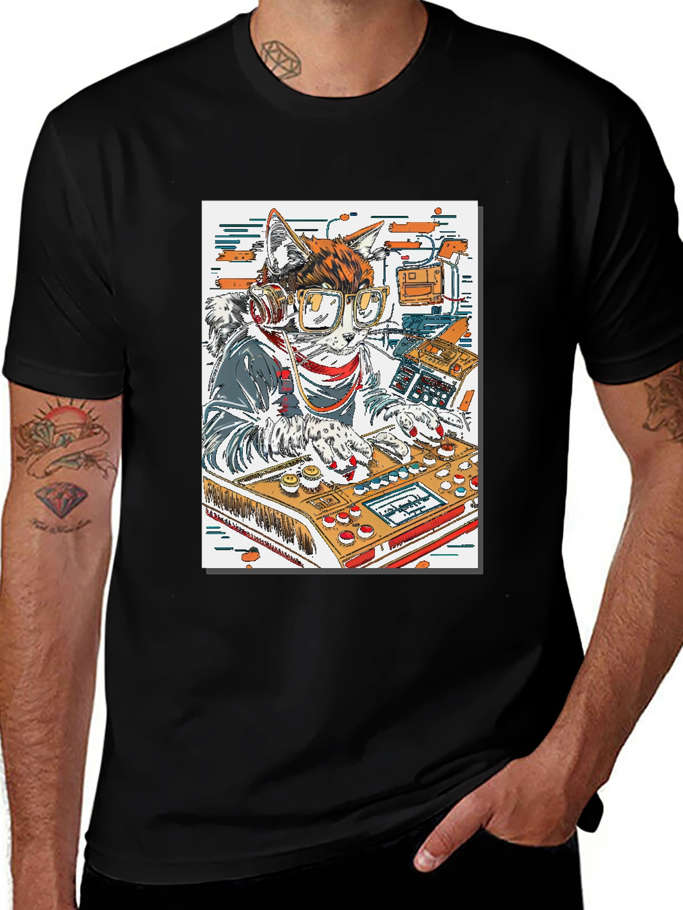 DJ Cat Graphic Tee - Black Cotton T-Shirt