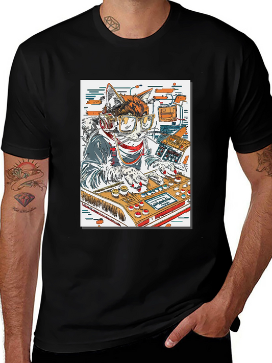 DJ Cat Graphic Tee - Black Cotton T-Shirt