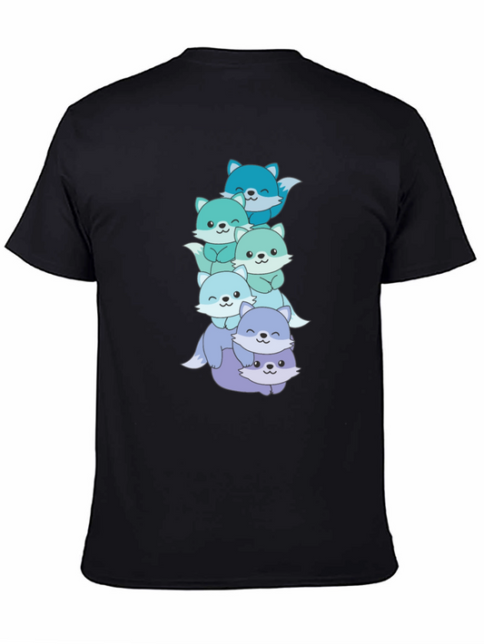 Cute Foxes Stacked Graphic Black T-Shirt