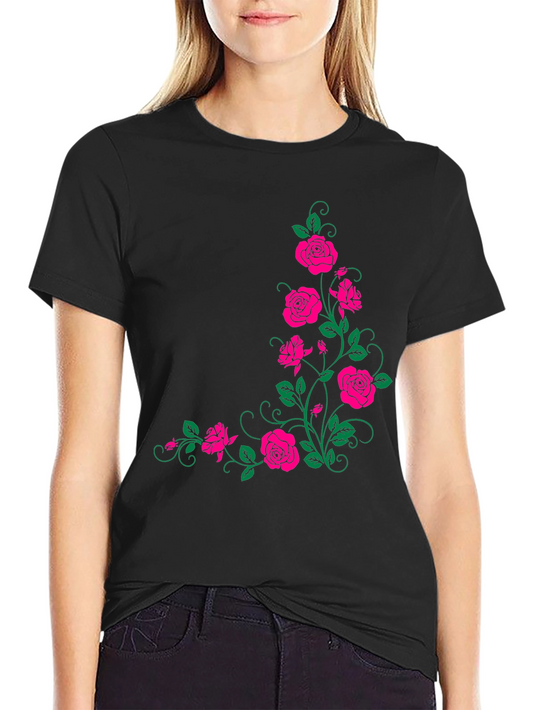 Floral Rose Print Black T-Shirt