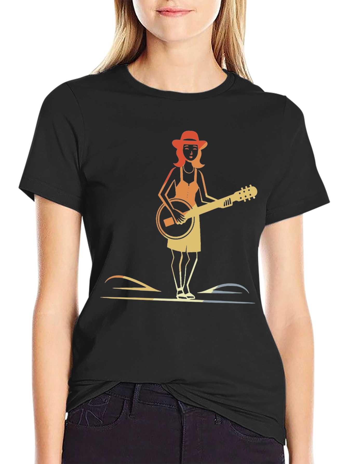 Banjo Girl Graphic Tee - Retro Style Black T-Shirt