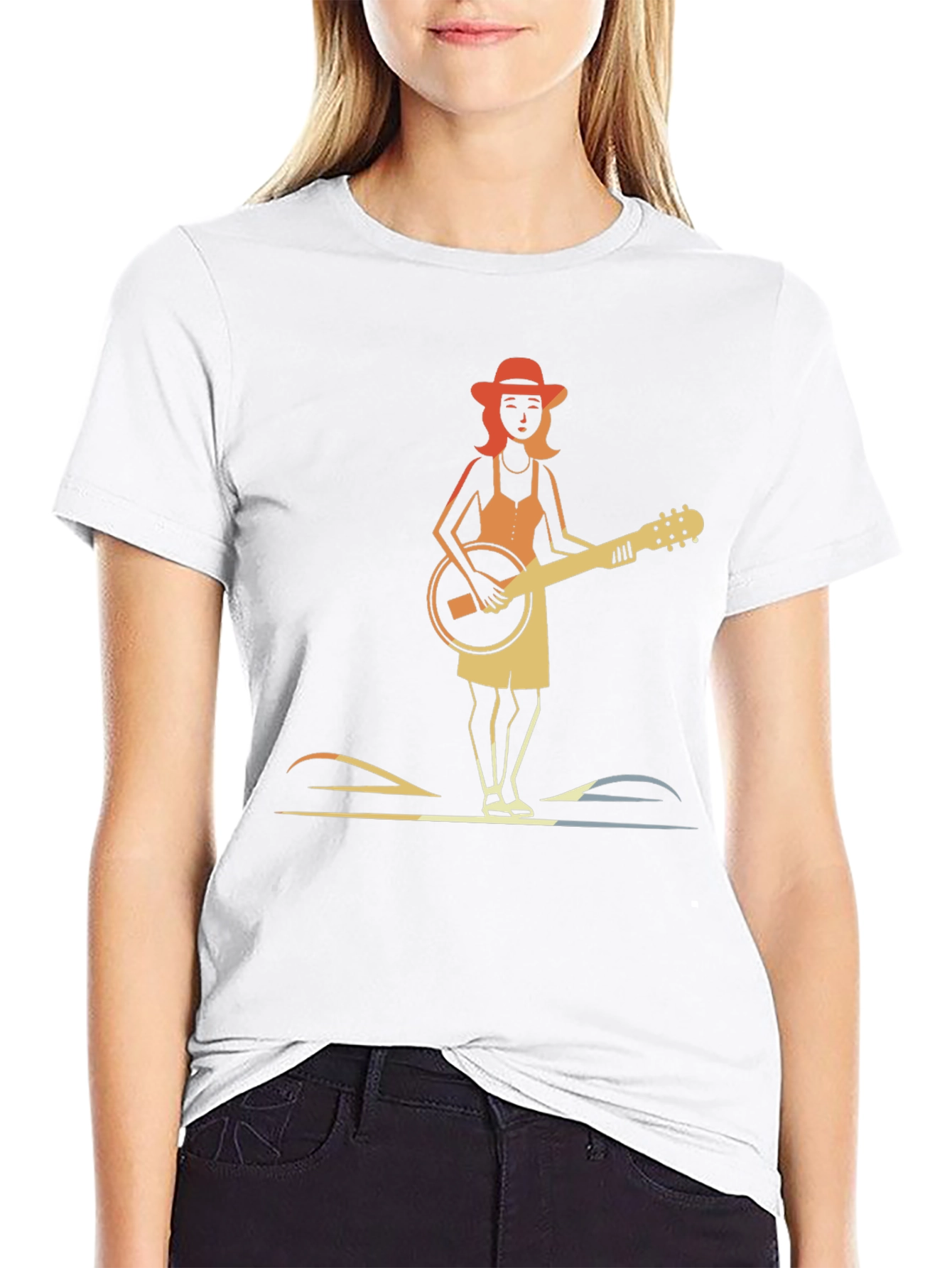 Banjo Girl Graphic Tee - Retro Style Black T-Shirt