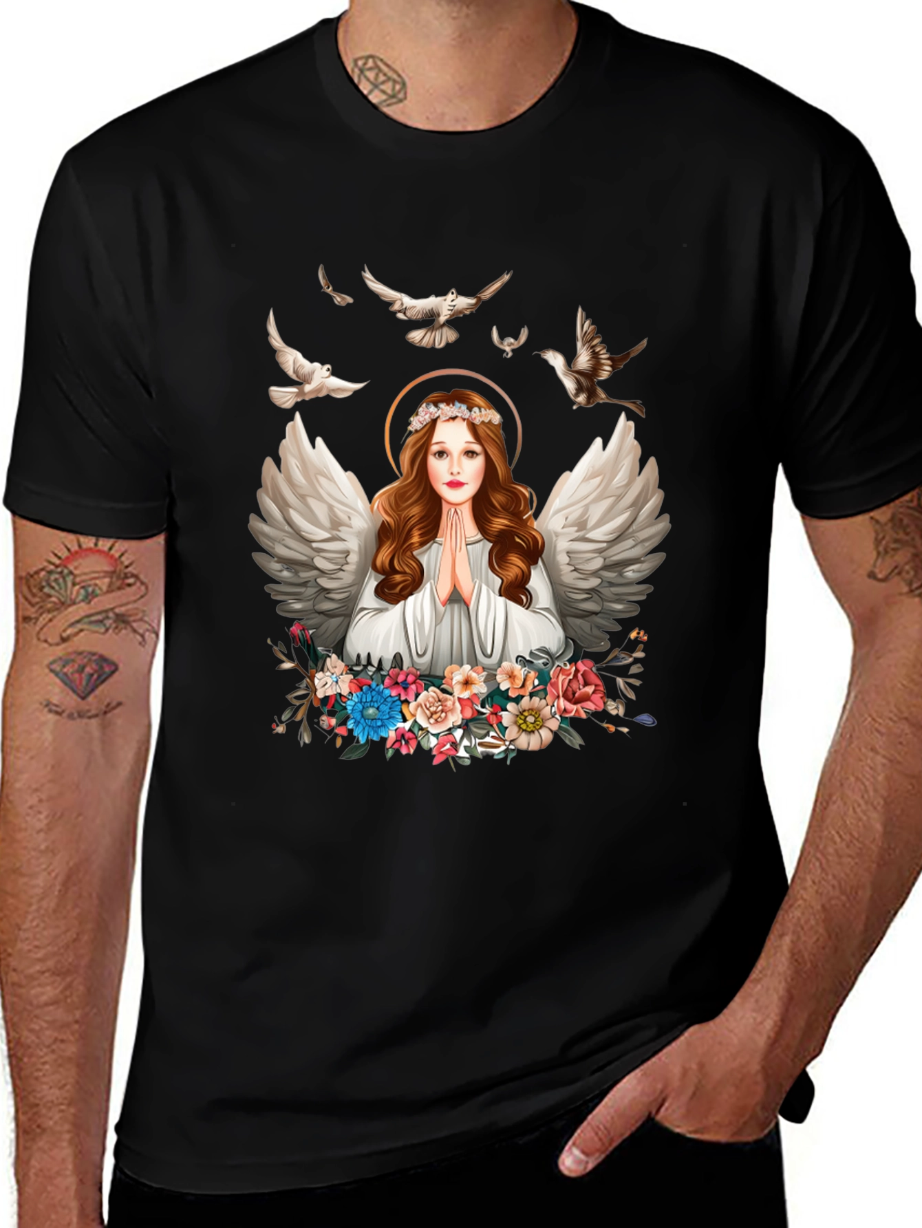 Angel Wings Floral Black T-Shirt