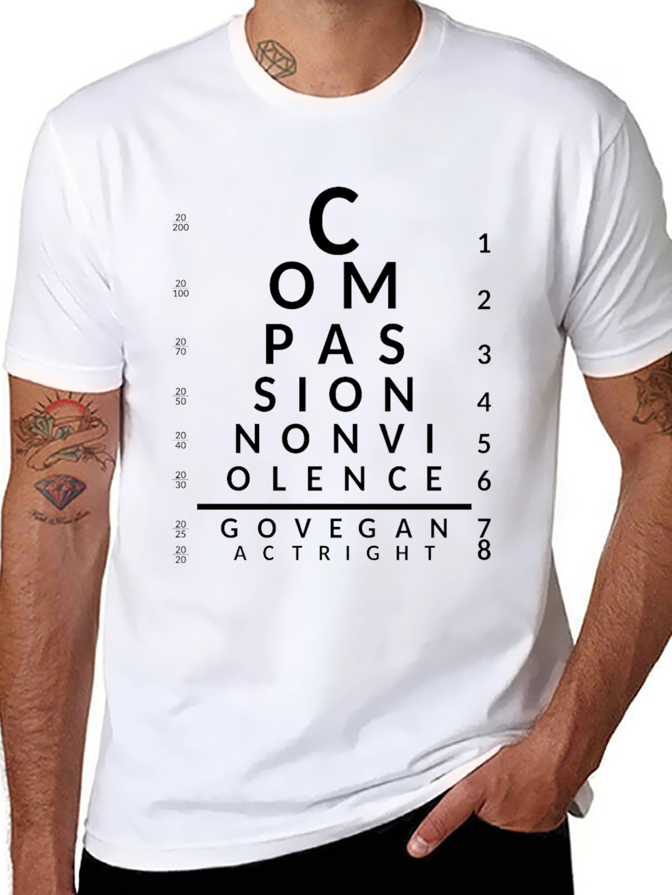 Compassion Vegan T-Shirt - Eye Chart Design