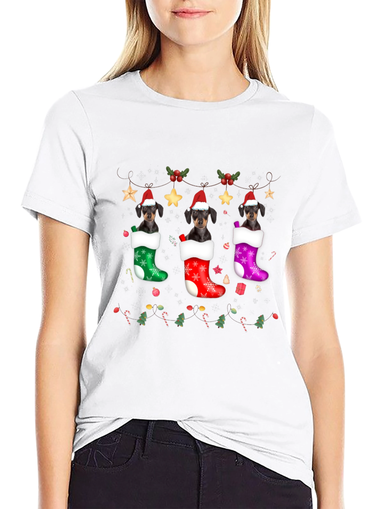 Festive Dachshund Christmas Stocking T-Shirt