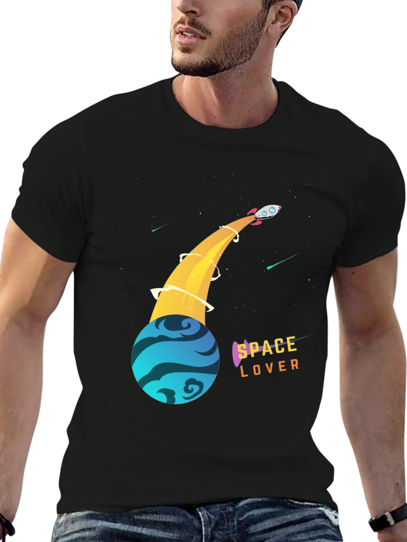 Space Lover T-Shirt - Rocket and Planet Design