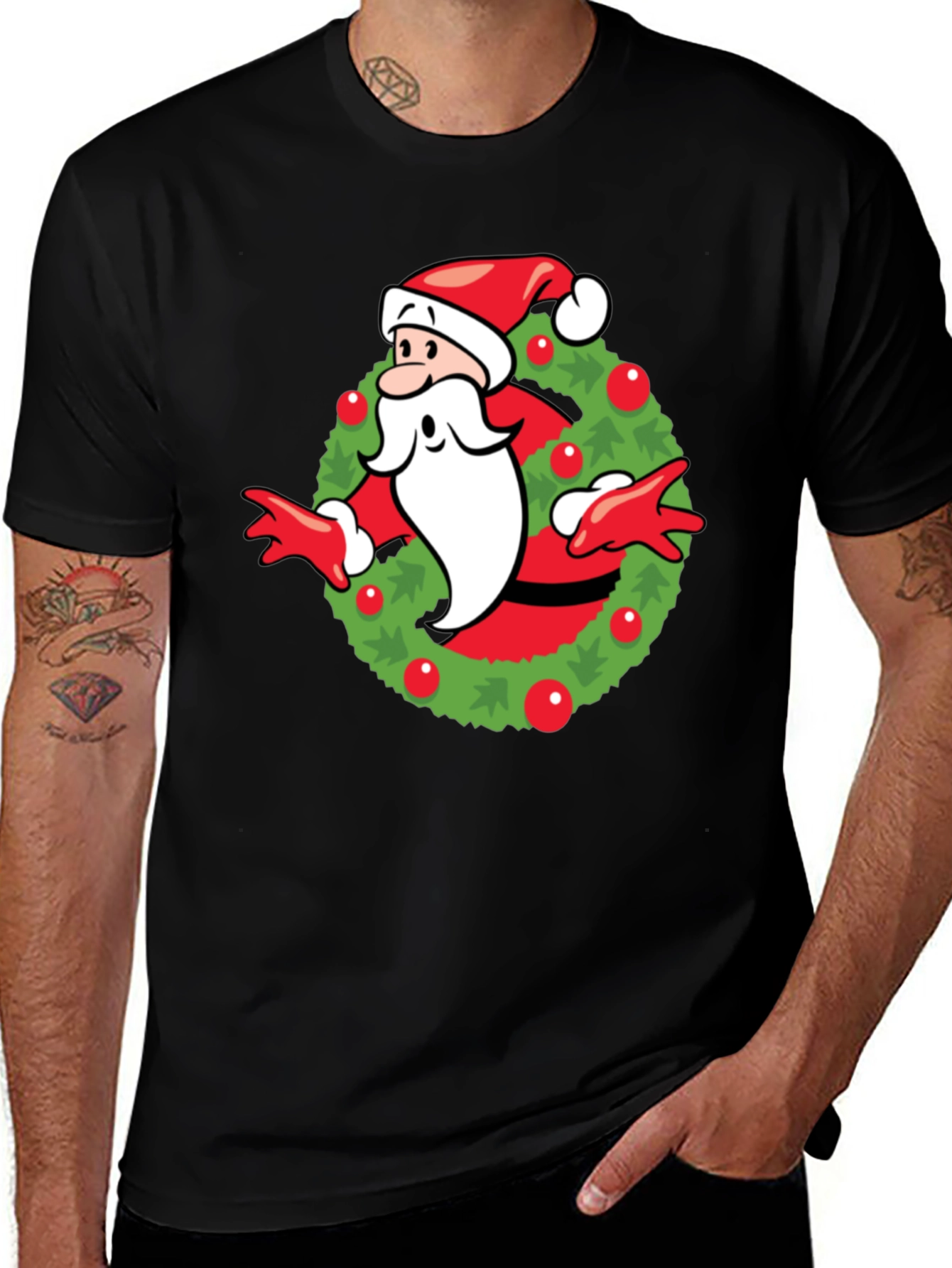 Festive Santa Wreath Graphic T-Shirt