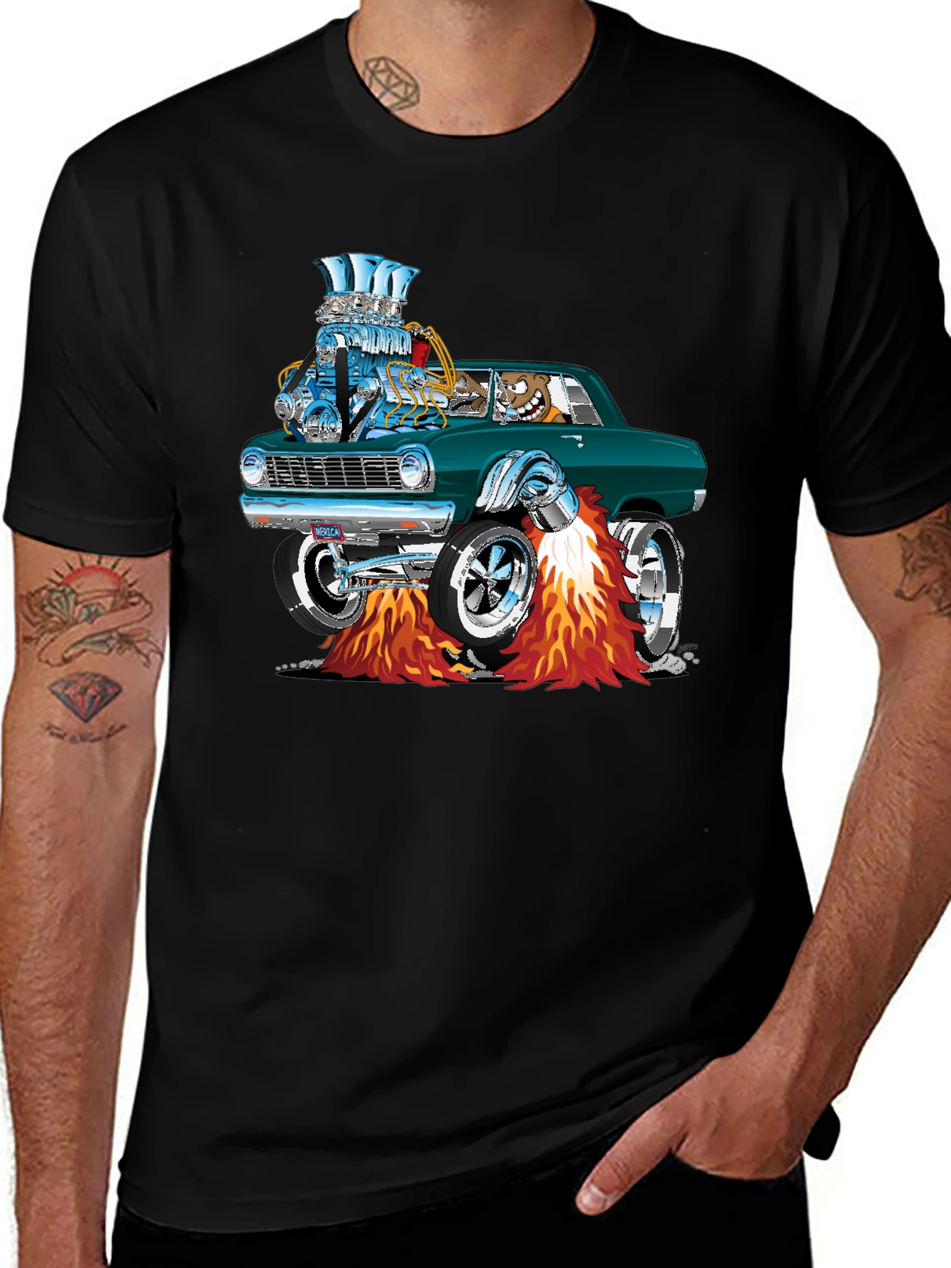 Hot Rod Cartoon Car Graphic Tee - Black