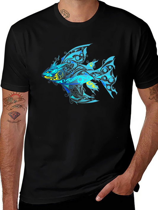 Tribal Fish Graphic T-Shirt - Black