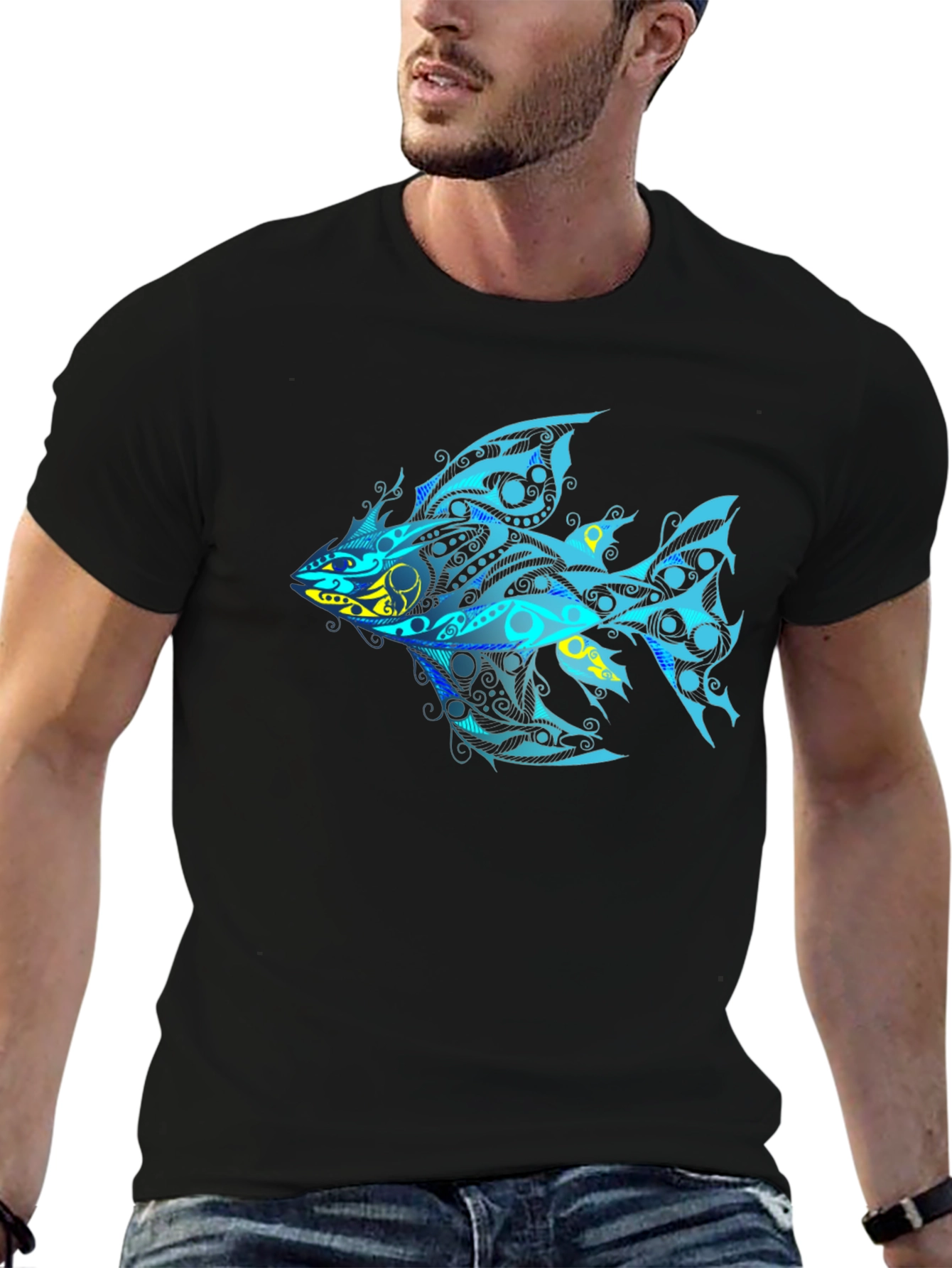 Tribal Fish Graphic T-Shirt - Black