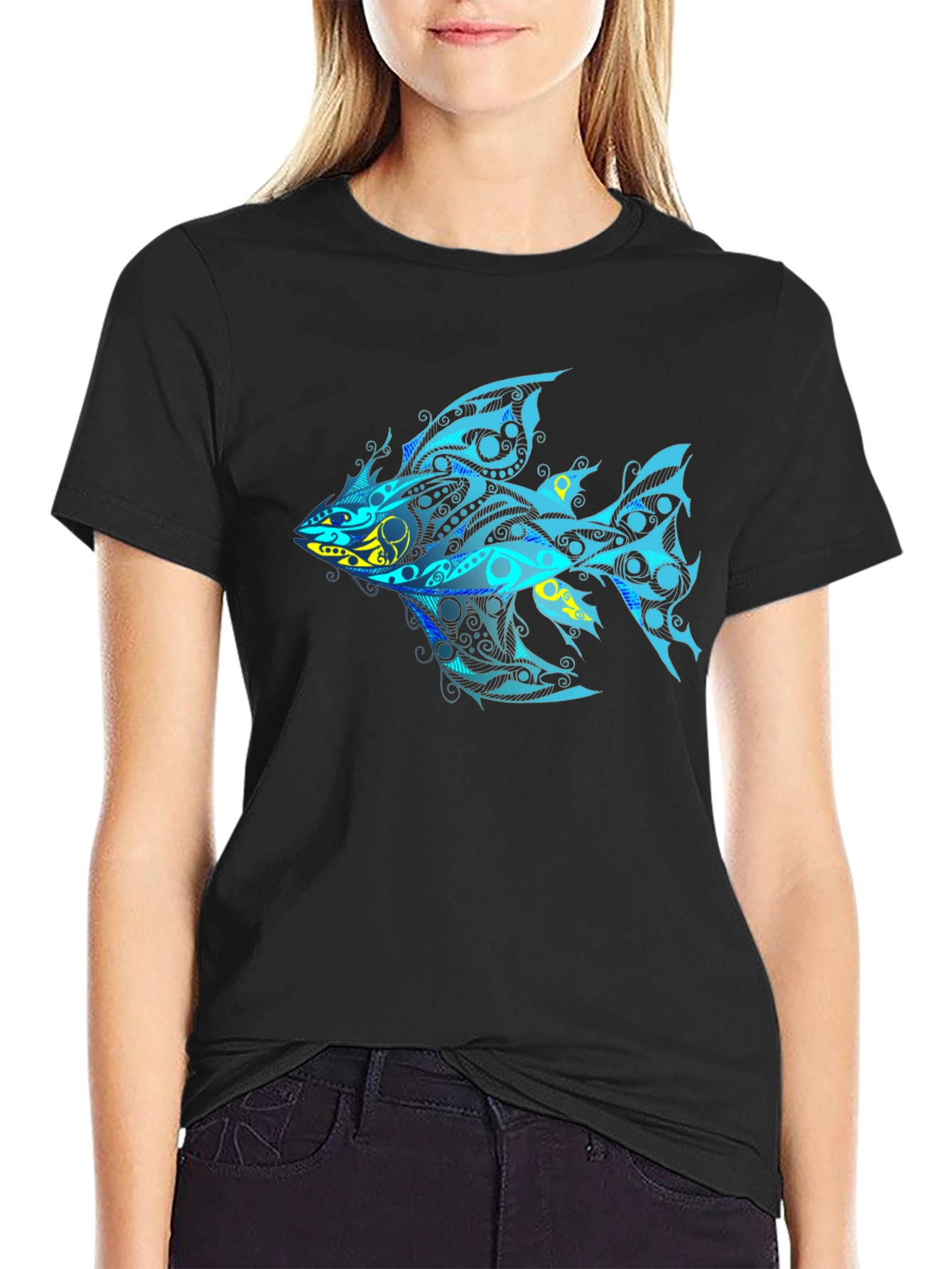 Tribal Fish Graphic T-Shirt - Black
