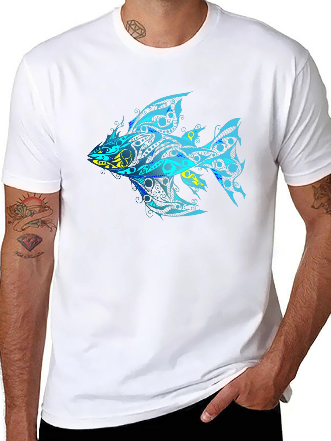 Tribal Fish Graphic T-Shirt - Black