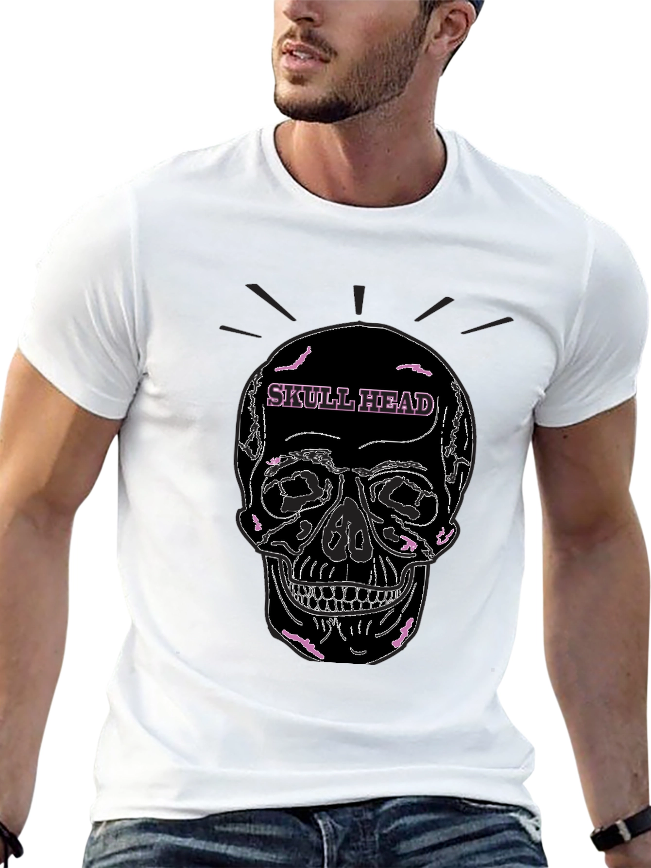 Skull Head Graphic Tee - Black Cotton Casual T-Shirt