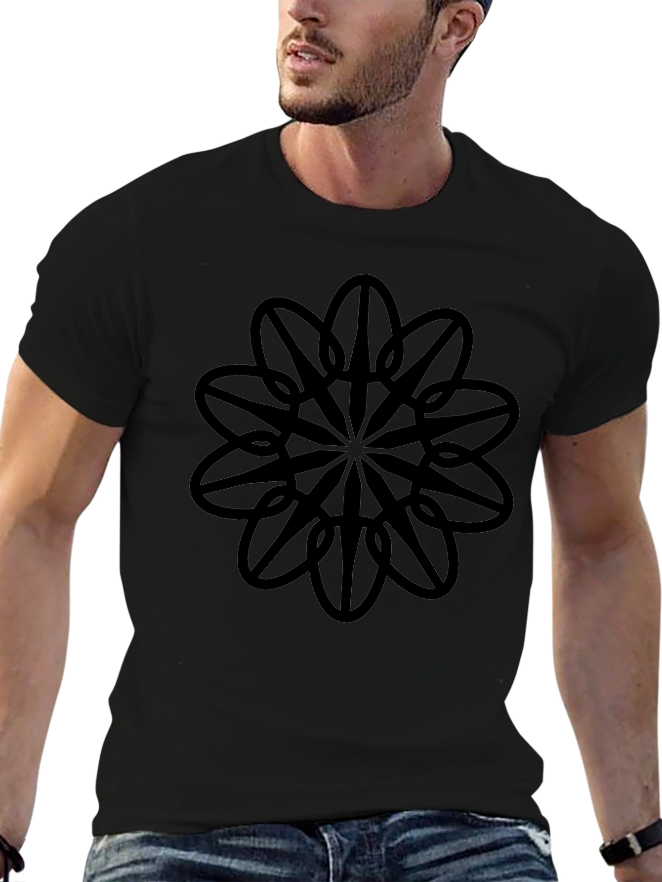 Geometric Flower Graphic Black T-Shirt