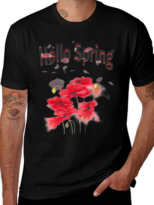 Hello Spring Floral Graphic Black T-Shirt