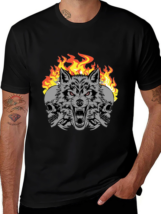 Wolf Skull Fire Graphic Print T-Shirt