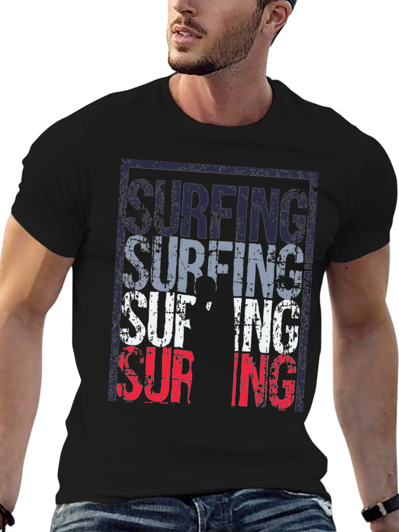 Surfing Graphic T-Shirt Black Mens Fashion Tee