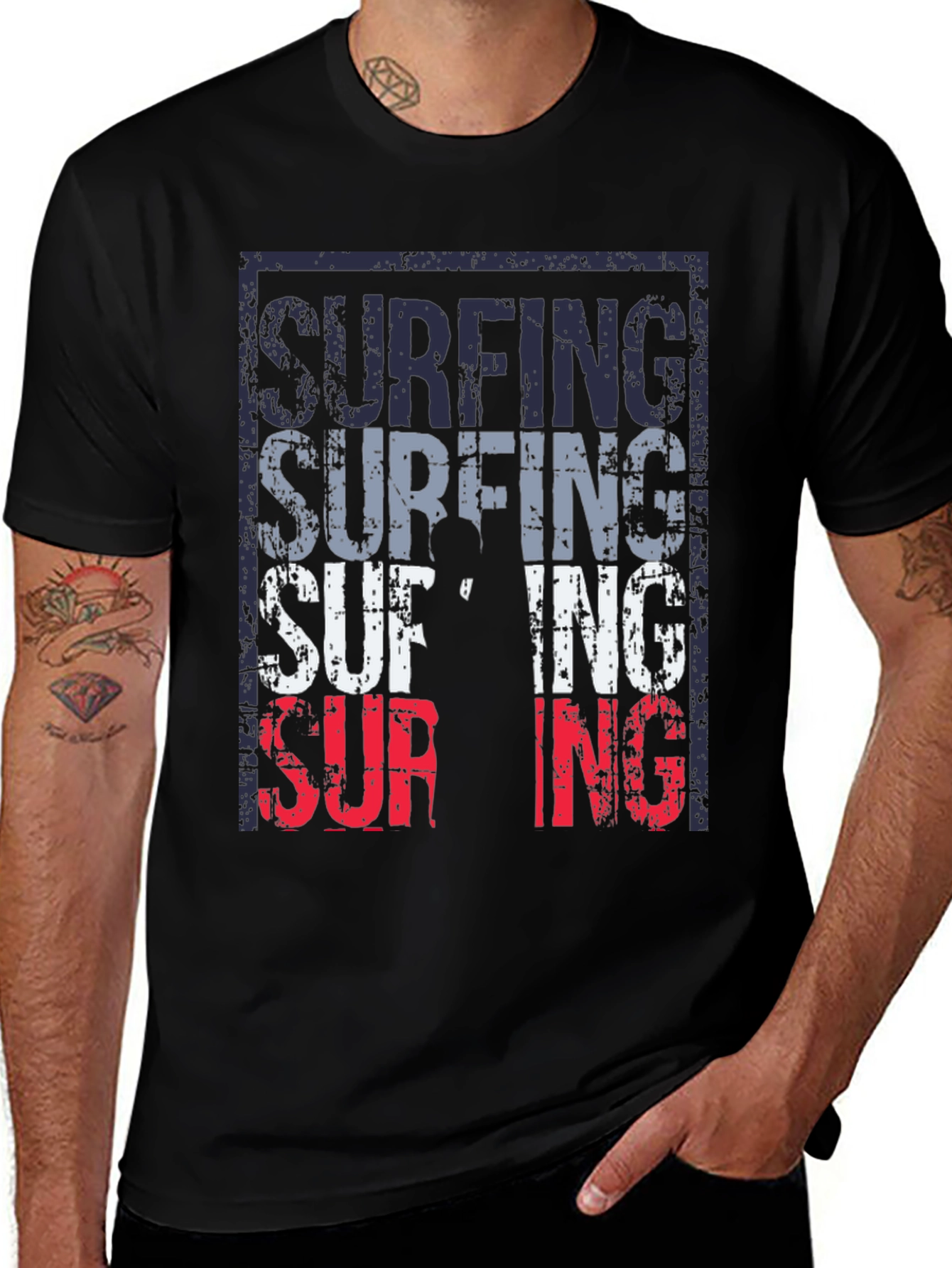 Surfing Graphic T-Shirt Black Mens Fashion Tee