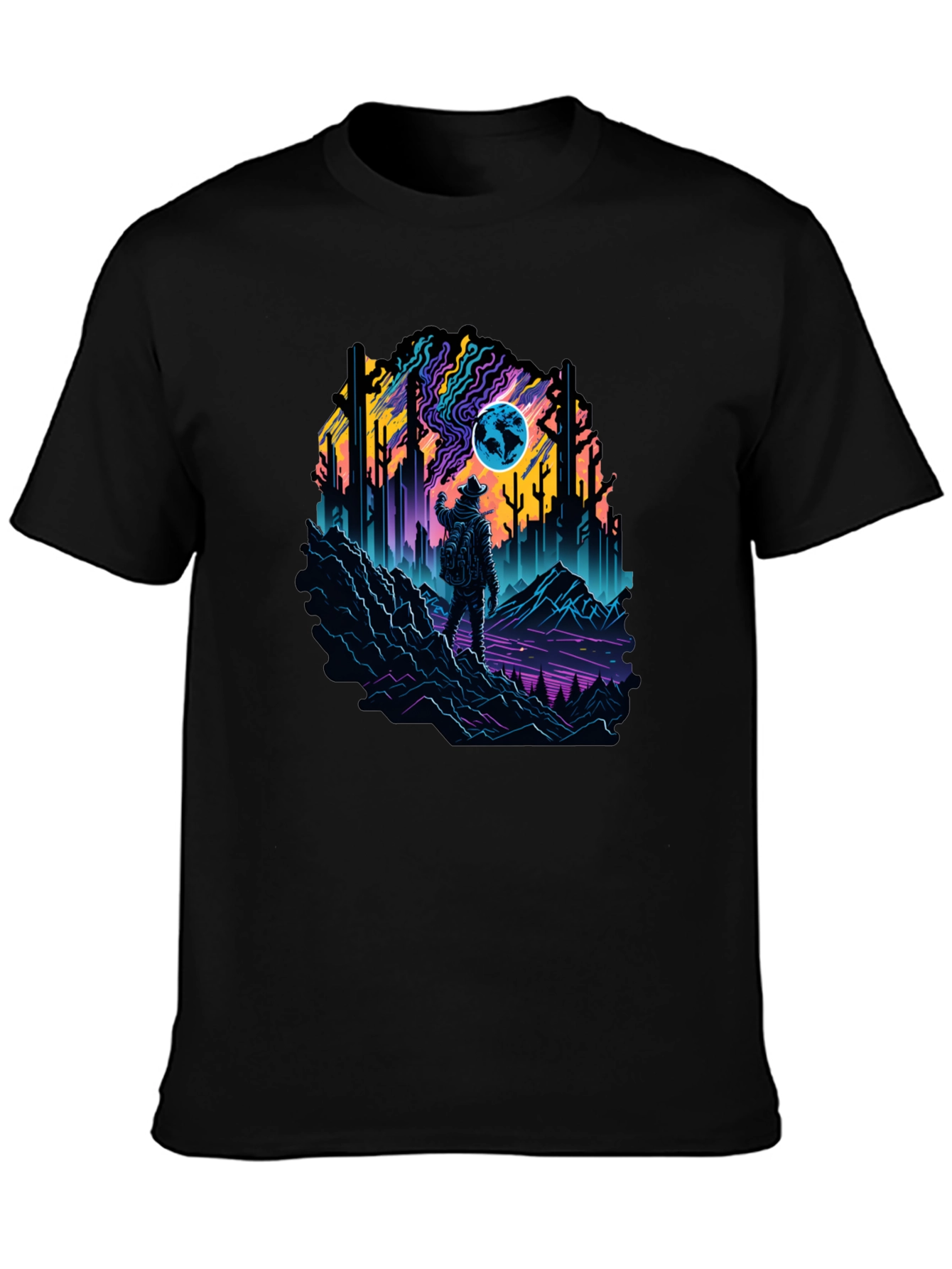 Retro Explorer Graphic Tee - Black Cotton Blend