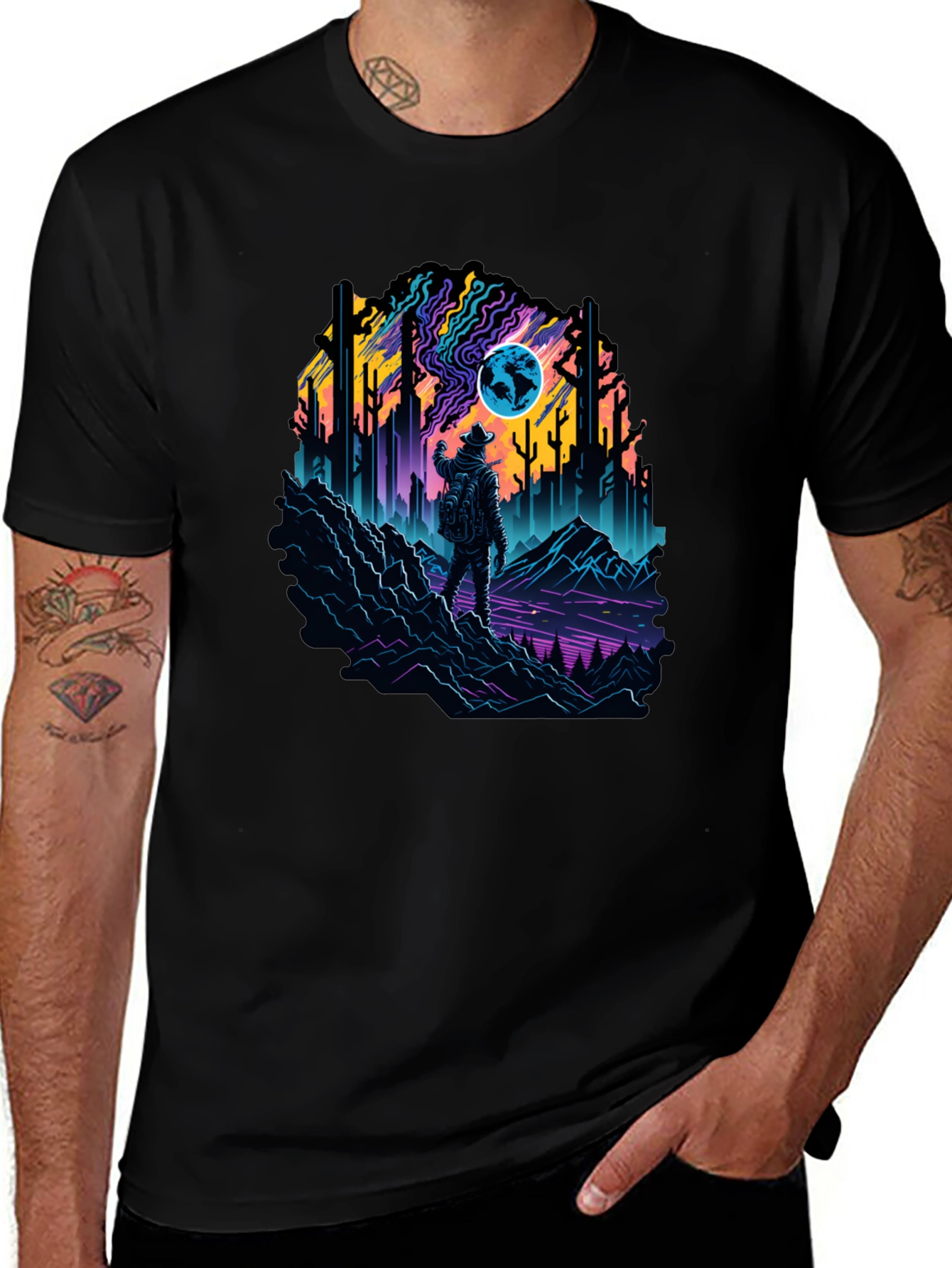 Retro Explorer Graphic Tee - Black Cotton Blend