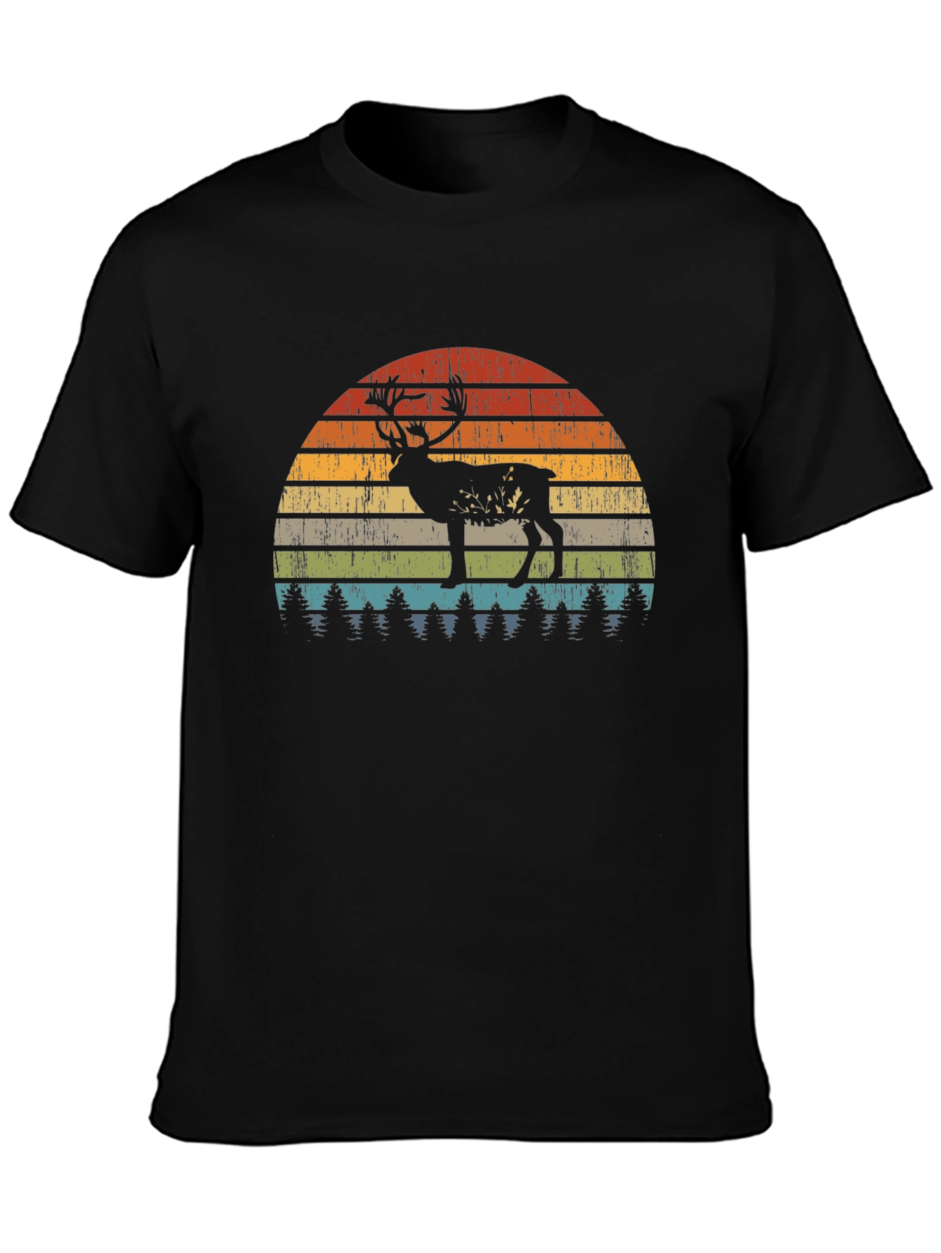 Retro Deer Sunset Graphic T-Shirt - Black
