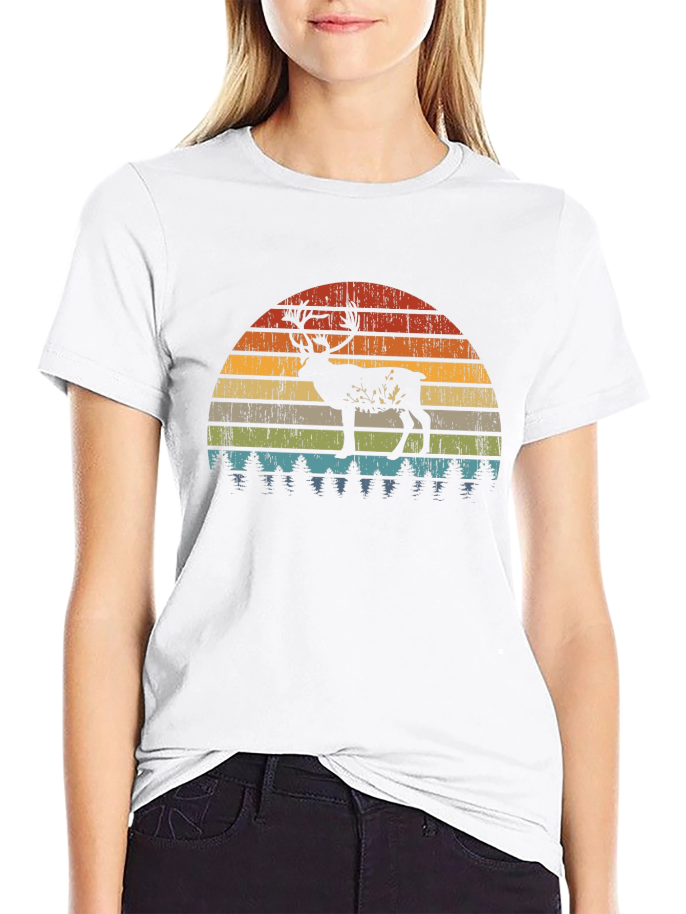 Retro Deer Sunset Graphic T-Shirt - Black