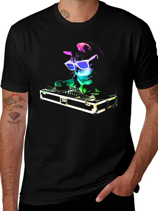 DJ Cat Graphic Tee - Cool Black T-Shirt