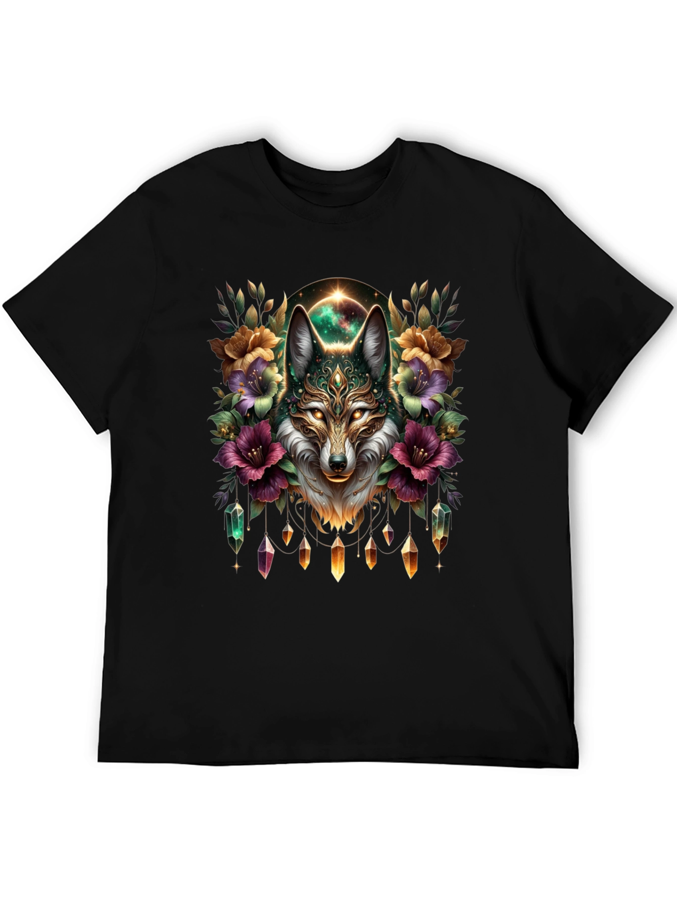 Mystic Wolf Graphic Tee - Floral Crystal Design