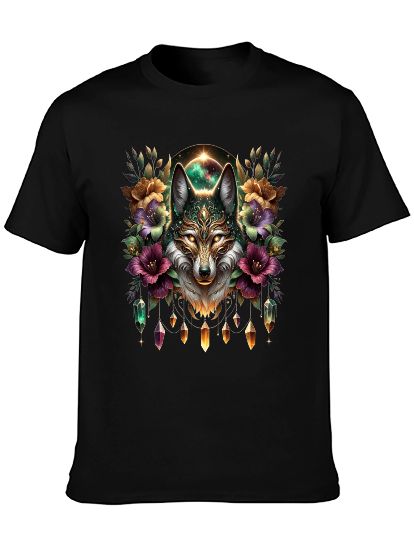 Mystic Wolf Graphic Tee - Floral Crystal Design