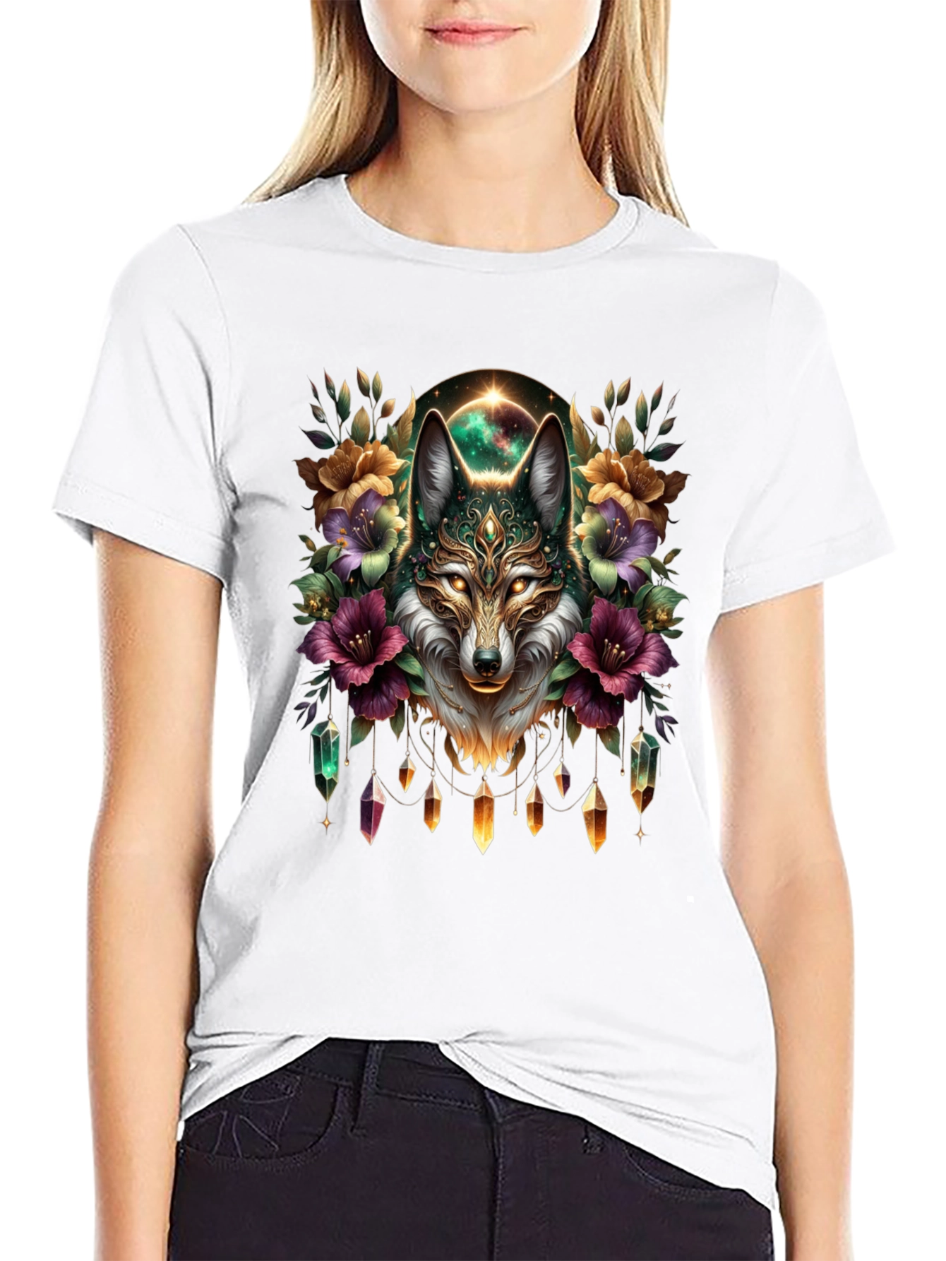 Mystic Wolf Graphic Tee - Floral Crystal Design