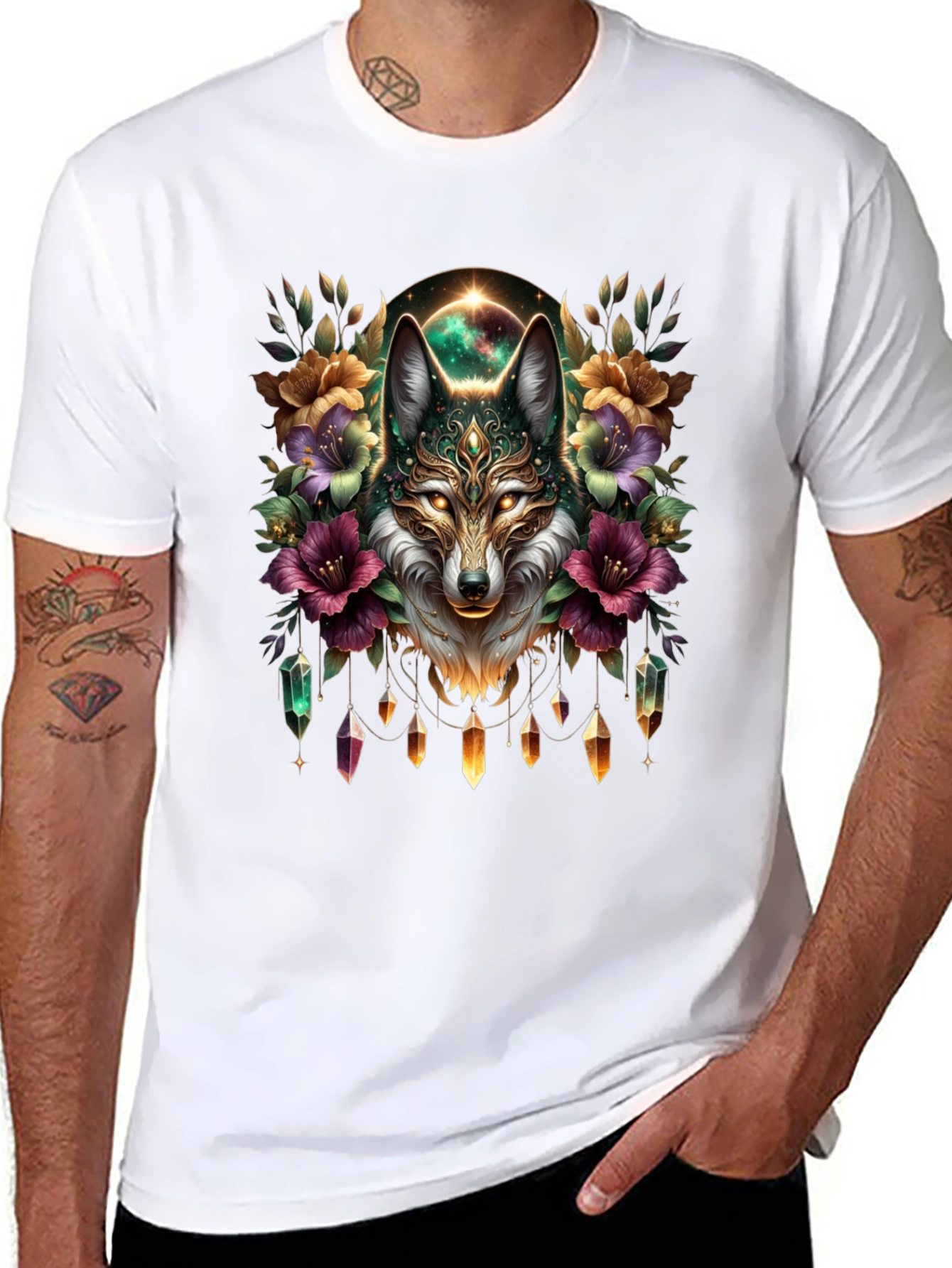 Mystic Wolf Graphic Tee - Floral Crystal Design