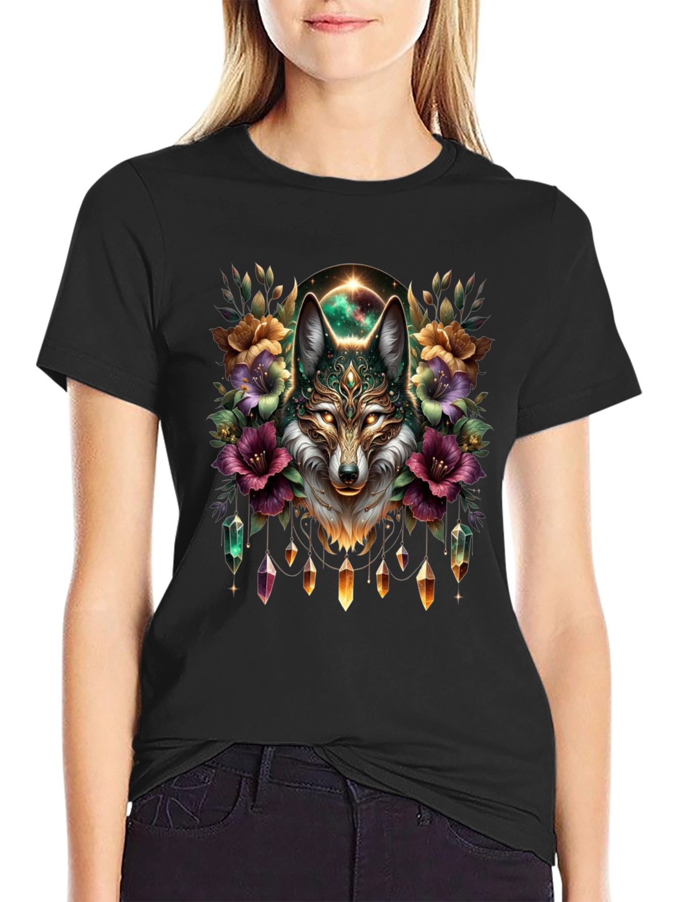 Mystic Wolf Graphic Tee - Floral Crystal Design