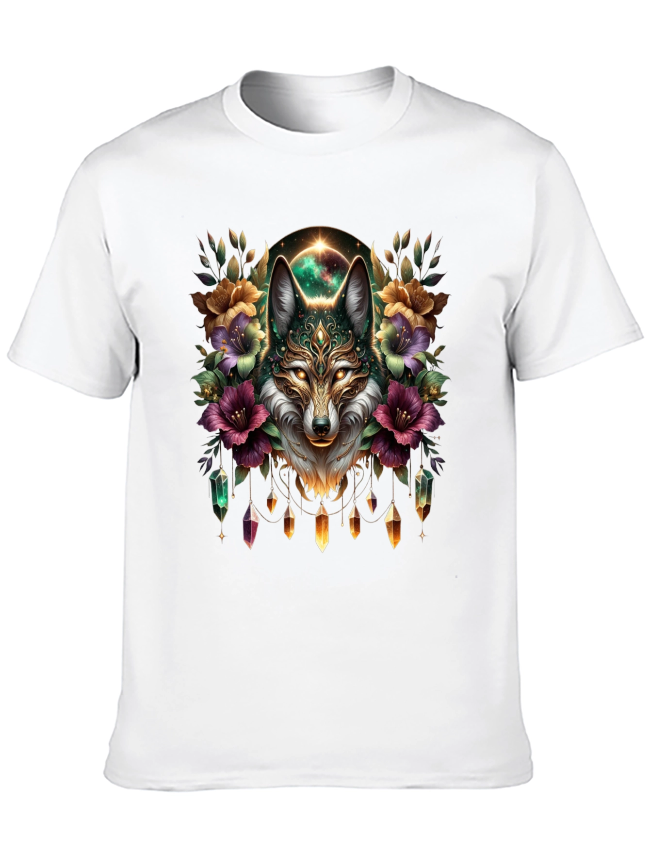 Mystic Wolf Graphic Tee - Floral Crystal Design