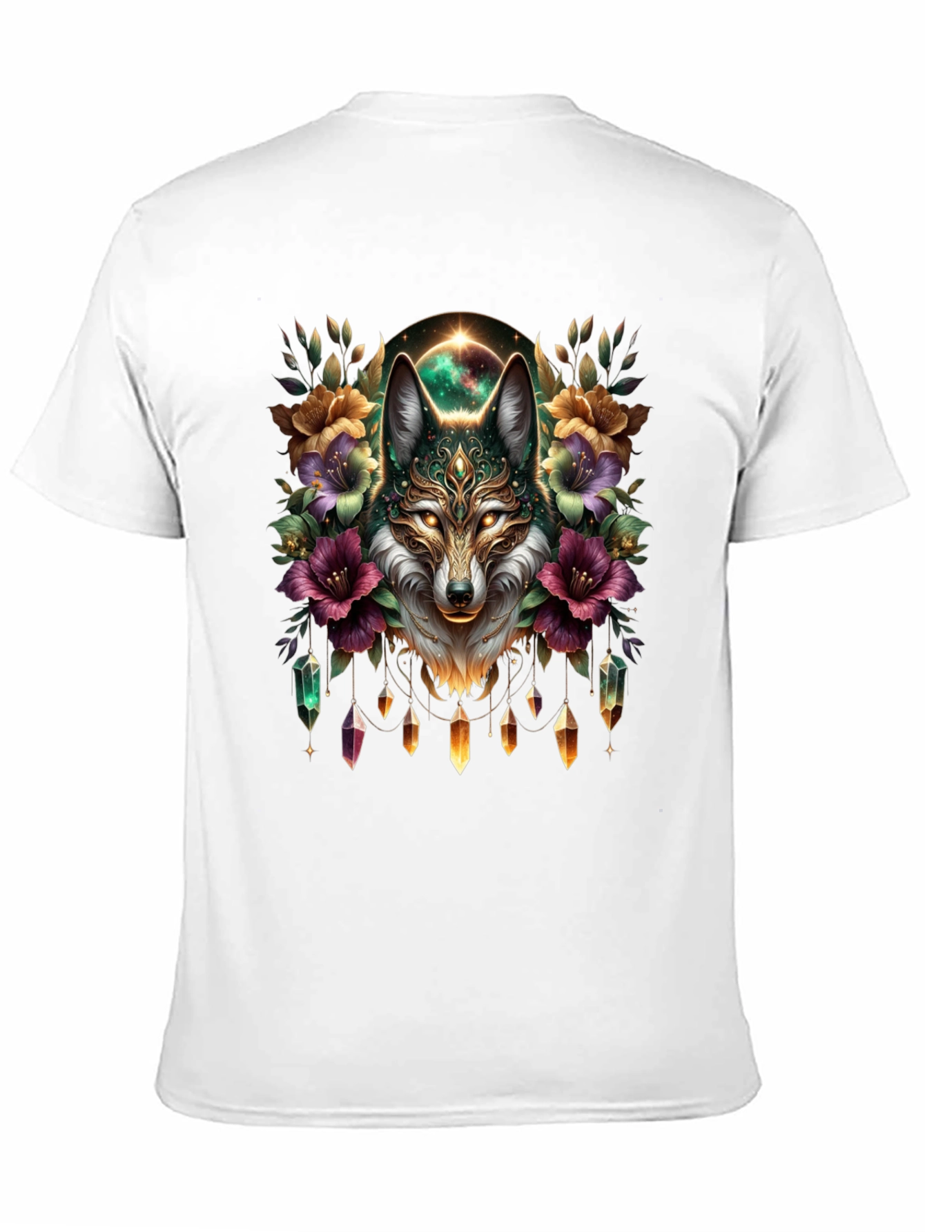Mystic Wolf Graphic Tee - Floral Crystal Design