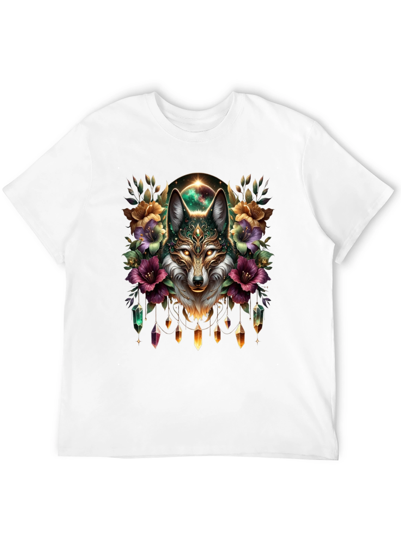Mystic Wolf Graphic Tee - Floral Crystal Design