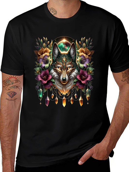 Mystic Wolf Graphic Tee - Floral Crystal Design