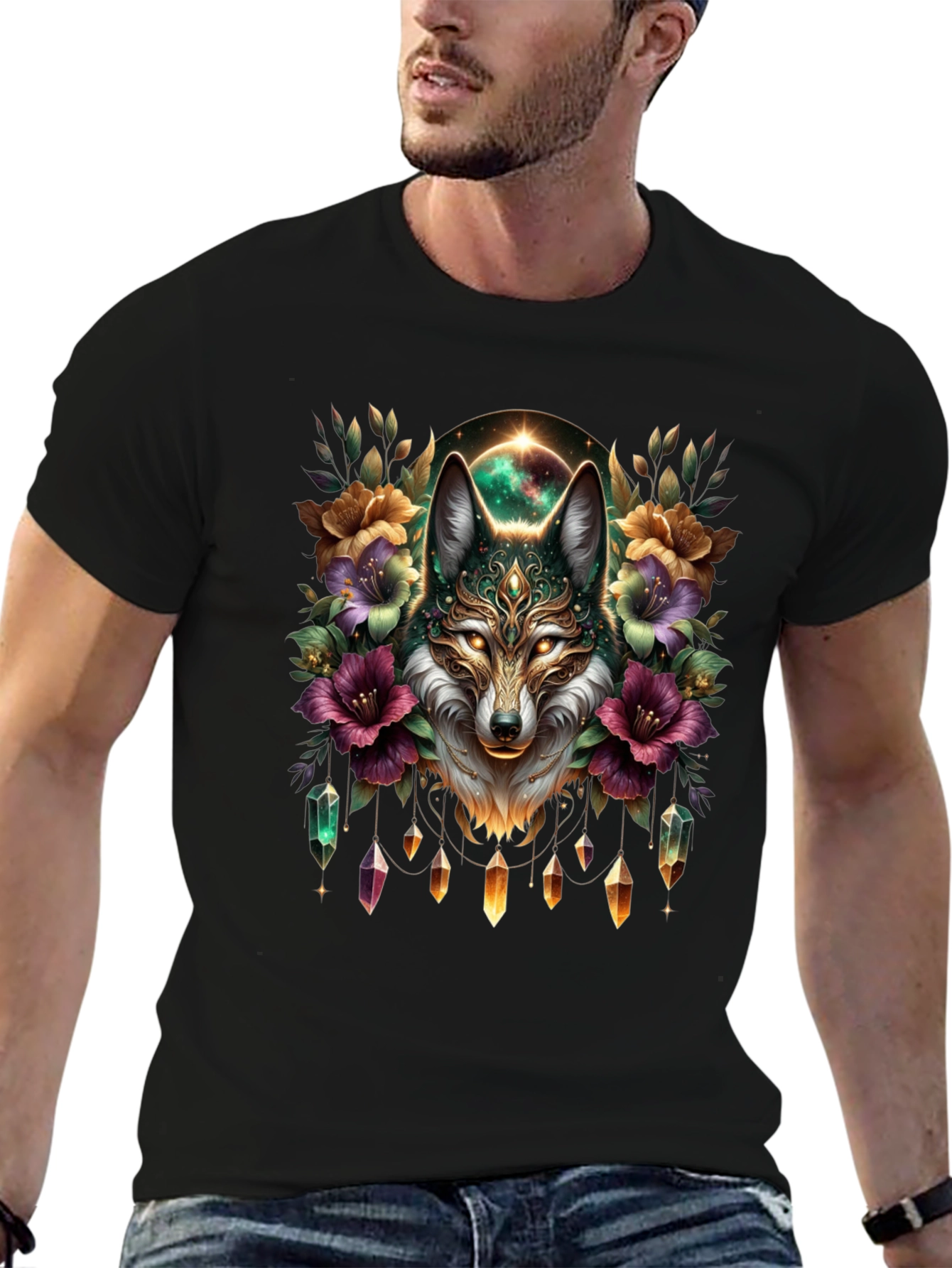 Mystic Wolf Graphic Tee - Floral Crystal Design