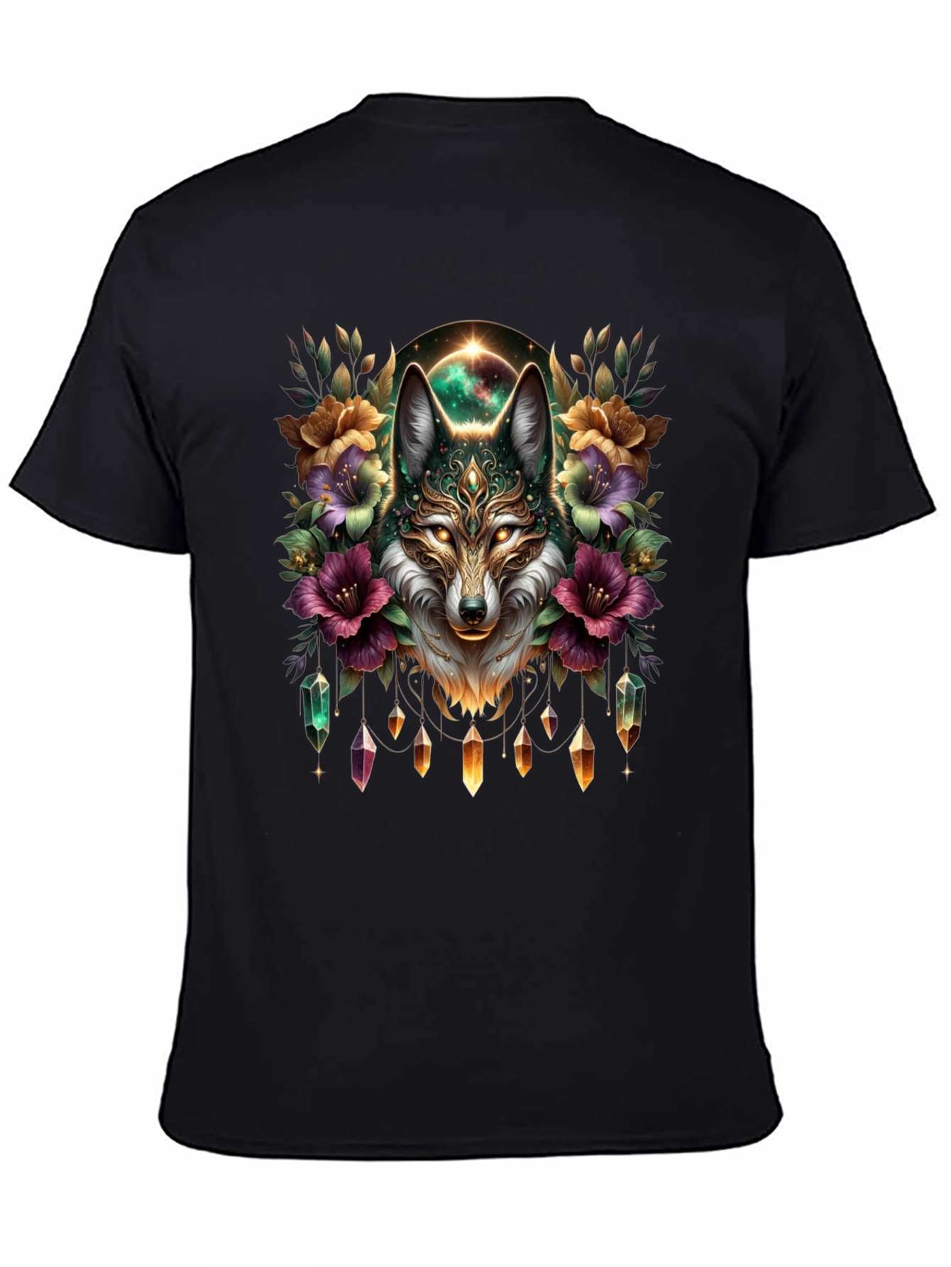 Mystic Wolf Graphic Tee - Floral Crystal Design