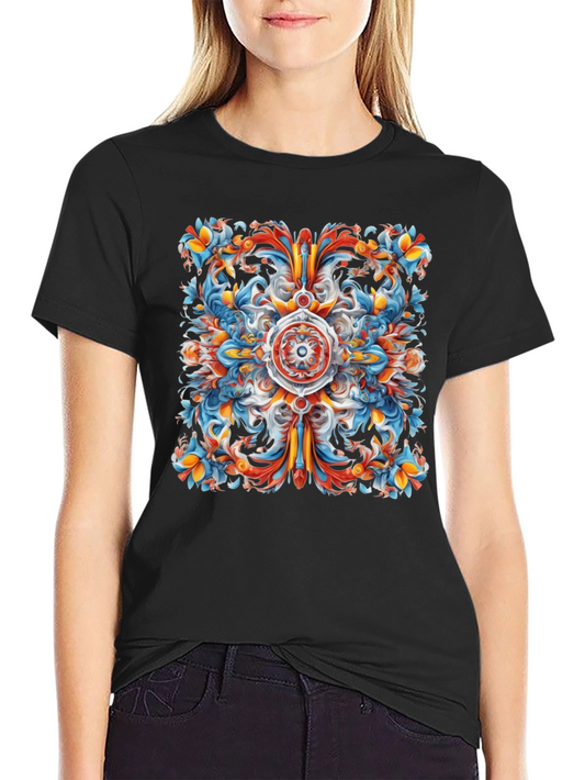 Vibrant Floral Mandala Graphic Print Black T-Shirt