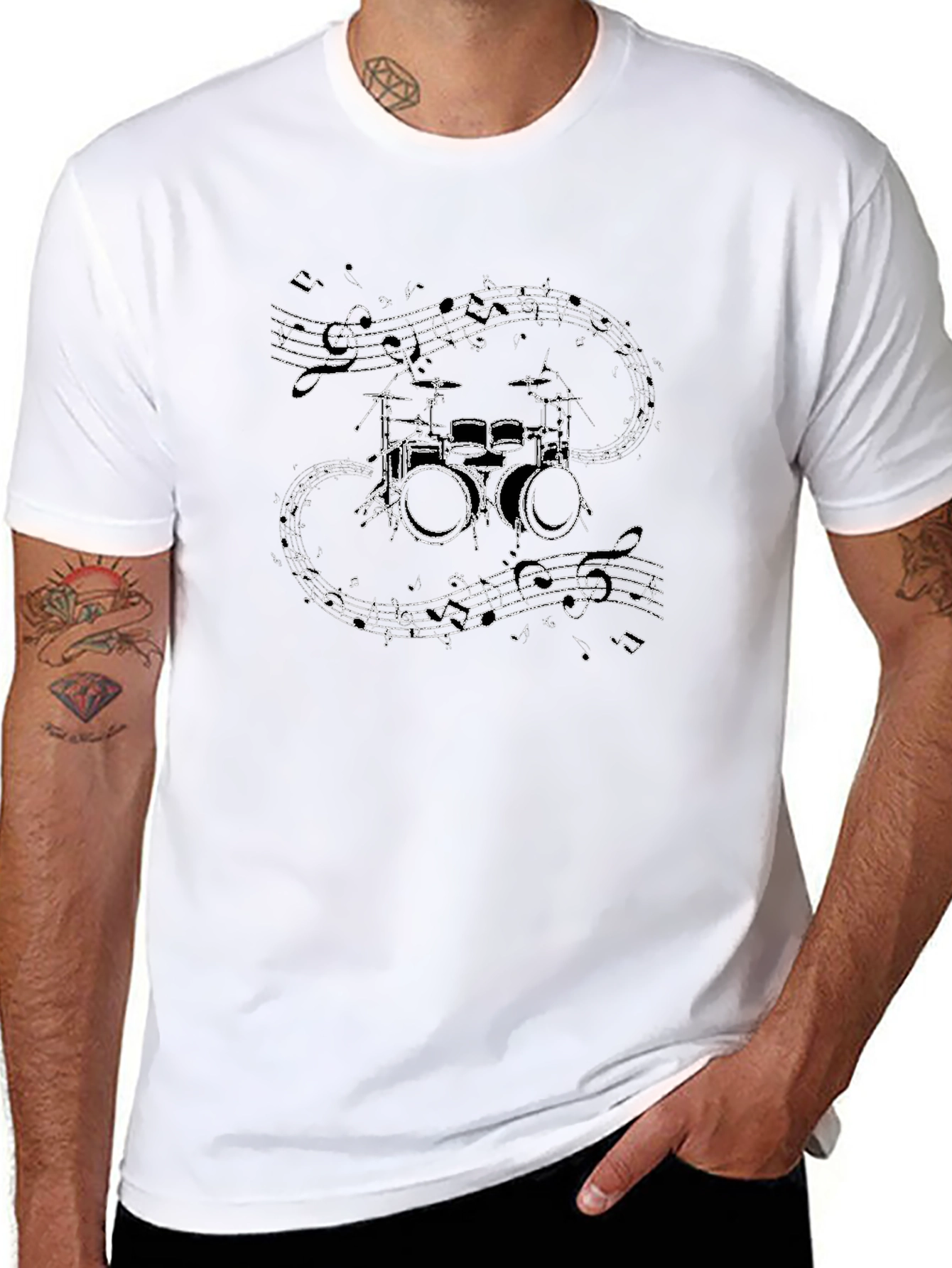 Drum Kit & Musical Notes Graphic Black T-Shirt
