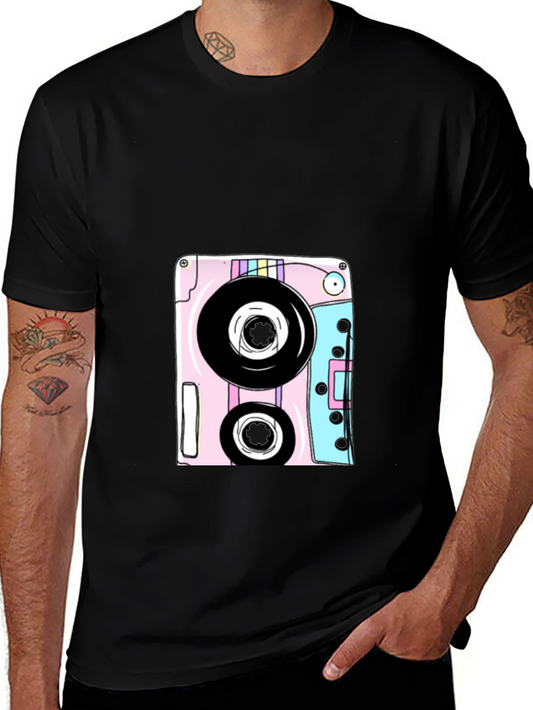 Retro Cassette Tape Graphic Tee - Black Cotton Blend