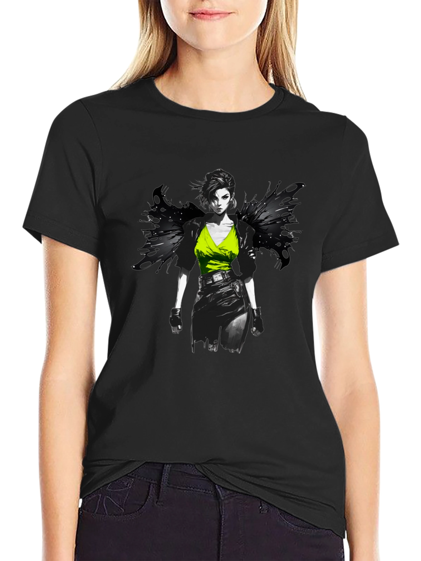 Edgy Anime Girl Graphic Print Black T-Shirt