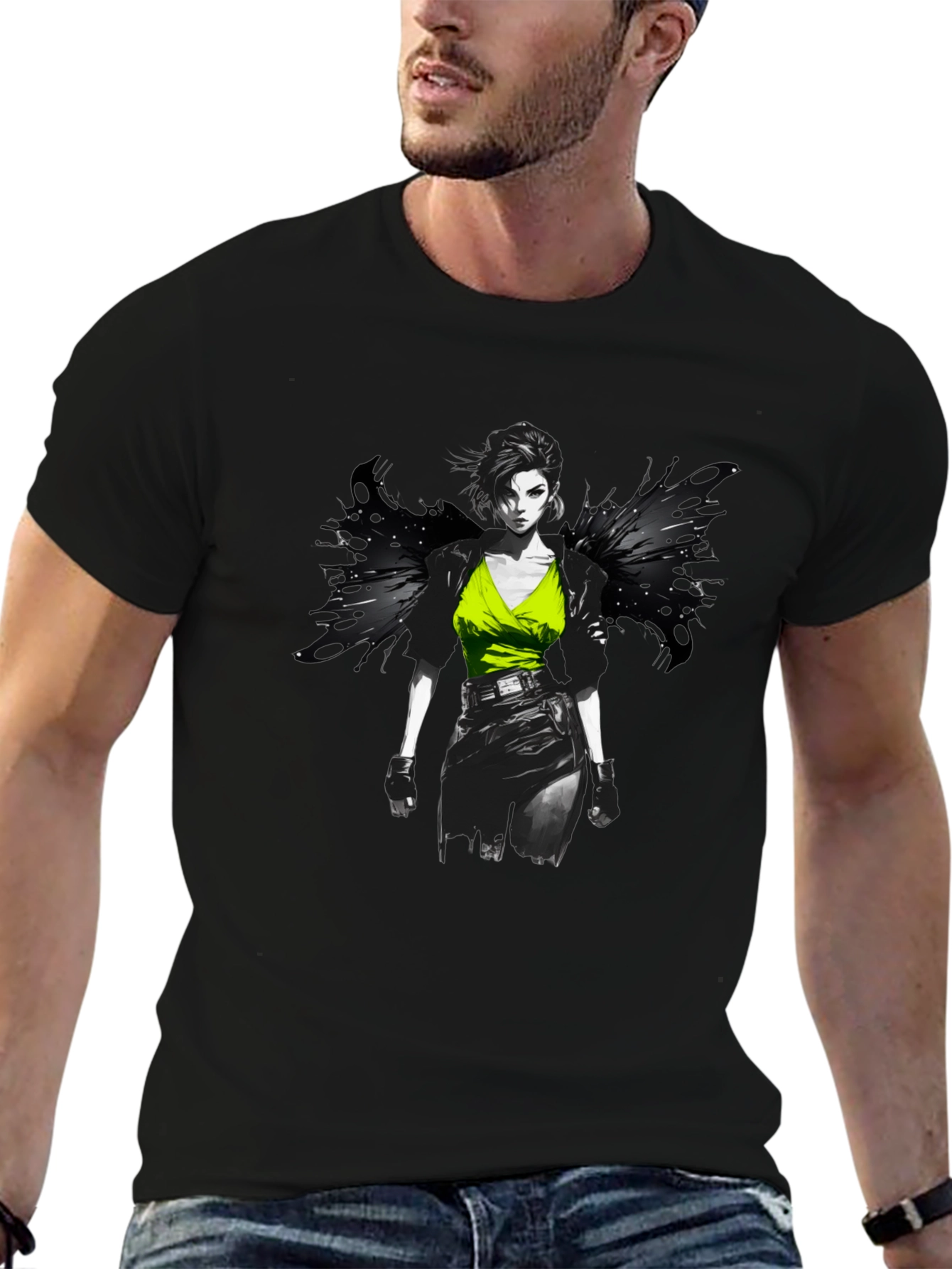 Edgy Anime Girl Graphic Print Black T-Shirt