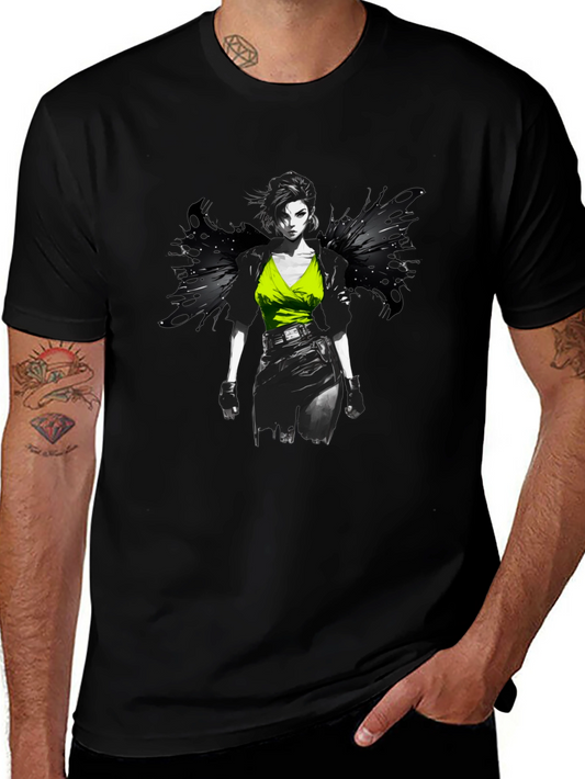 Edgy Anime Girl Graphic Print Black T-Shirt